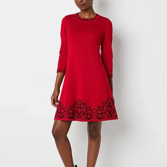 Jessica Howard Womens 3/4 Sleeve Red Sweater Dress Jessica Howard Womens 3/4 Sleeve Red Sweater Dress
